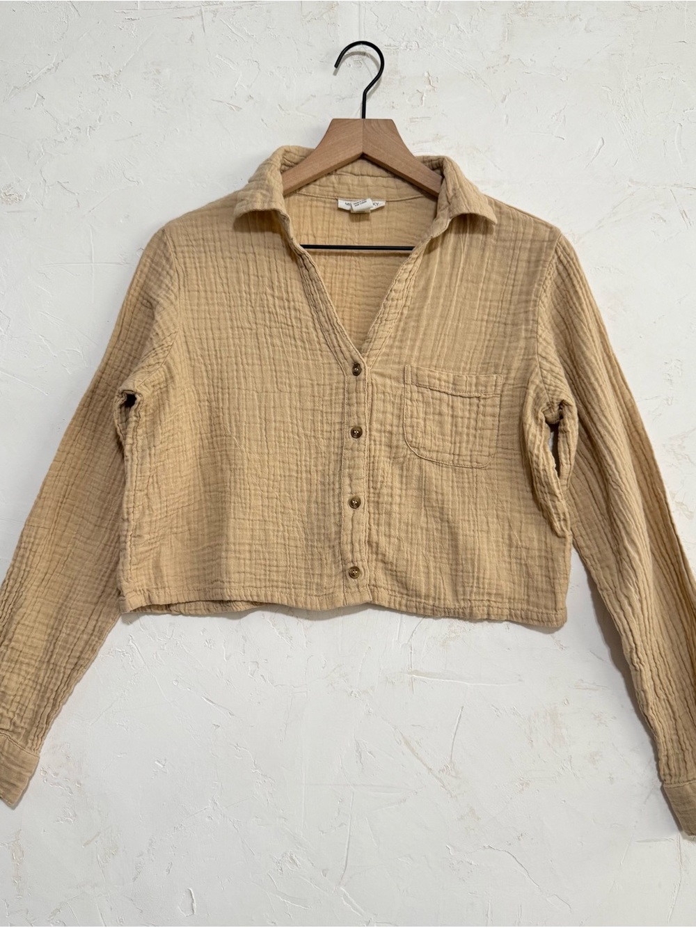 Midnight Sky Beige Cotton Gauze Cropped Button Up Shirt M